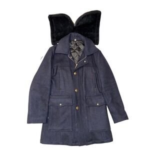 Vtg Wool‎ Navy Blue Duffel Coat Peacoat Plaid Lining faux Fur Split hood S M 38